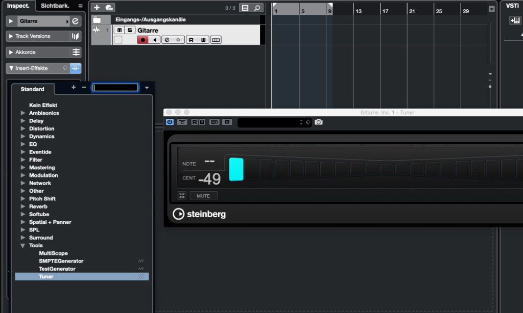 Stimmen eines Instruments mit dem Tuner-Plugin von Cubase.