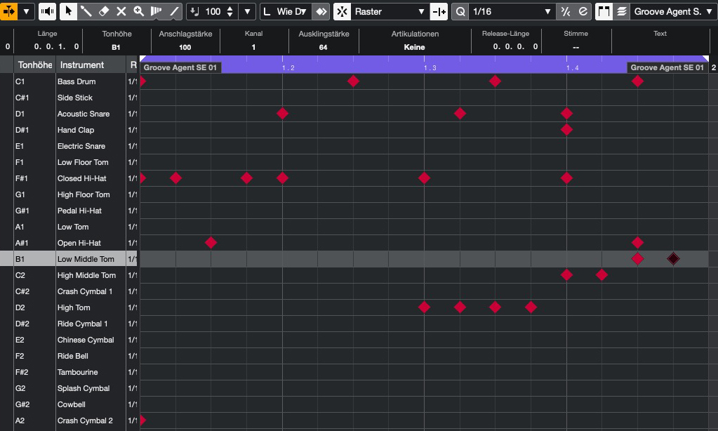 Alternativ zum Key-Editor bietet Cubase den extra dafür vorgesehenen Schlagzeug-Editor.