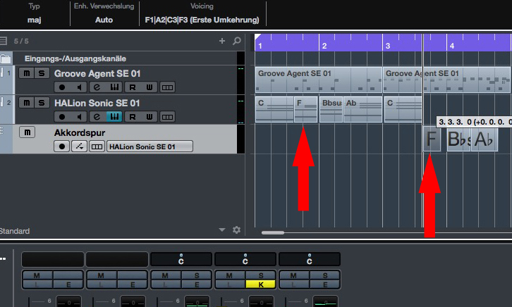 Die Akkorde können nun per Drag & Drop auf die MIDI-Spur gezogen werden, um den Song zu arrangieren. Die Akkordspur selbst kann im Anschluss stummgeschaltet oder gelöscht werden.
