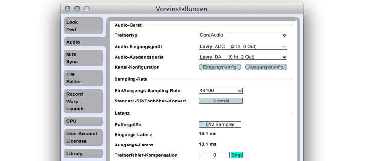 Hier wird unter "Audio-Gerät" das Interface gewählt, auf das das Programm zur Aufnahme und Wiedergabe zugreift.