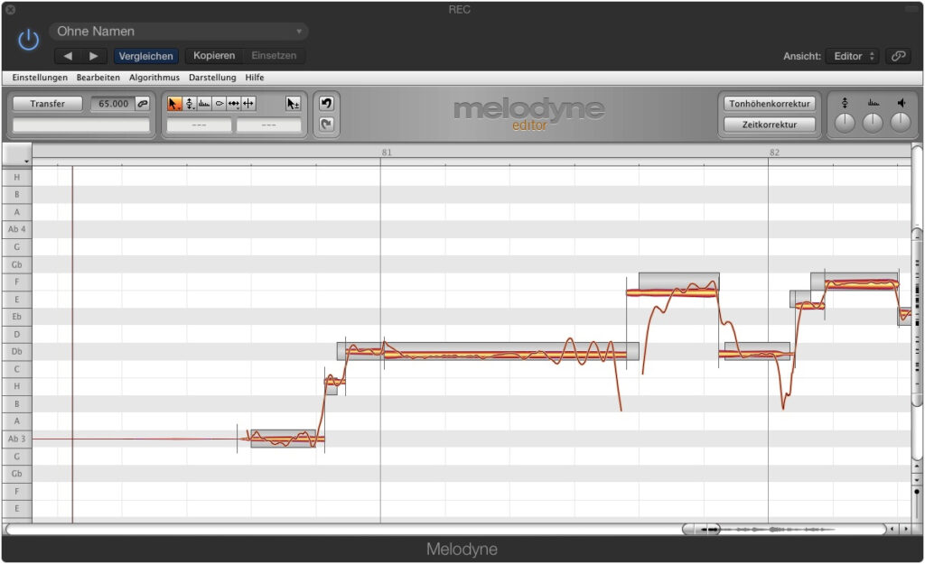 Die Darstellung in Melodyne nach Analyse der Tonhöhe.