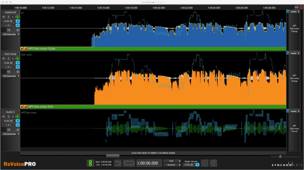 Revoice Pro ermöglicht die automatische Angleichung von Timing und Tonhöhe verschiedener Takes.