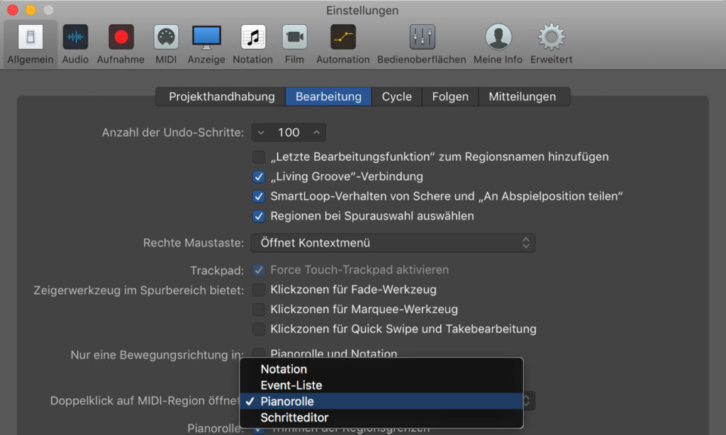 Hier legst du deinen Editor-Favoriten in Logic Pro X fest.