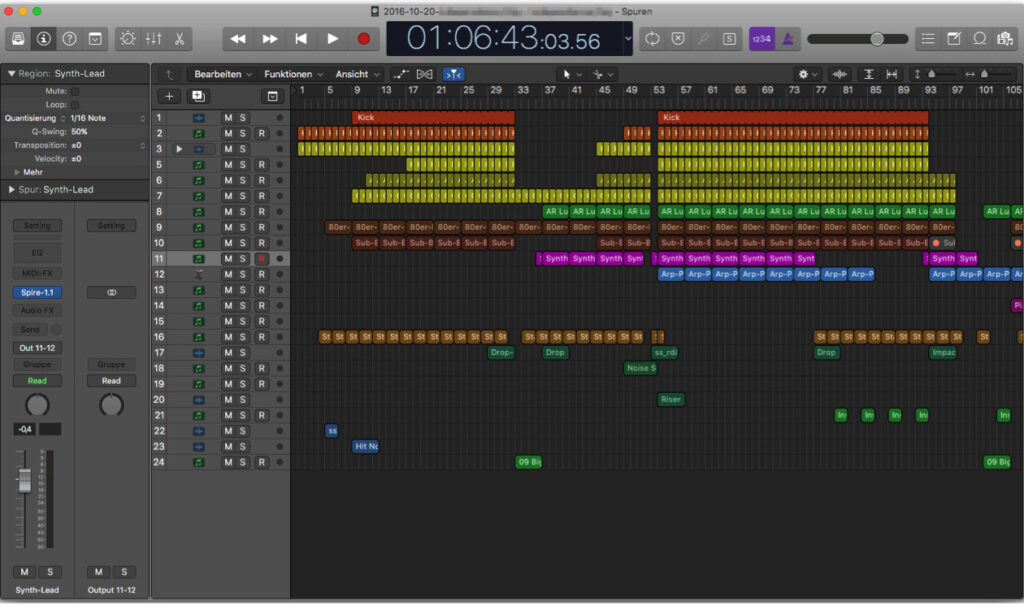 Ein aufgeräumtes Arrangement mit in Instrumentengruppen sortierten Spuren, die farblich markiert sind, kannst du viel schneller bearbeiten.