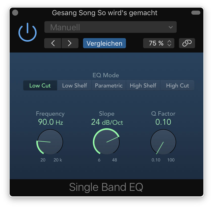 Für das Rumpelfilter kommt ein Single Band EQ mit Low Cut zum Einsatz.