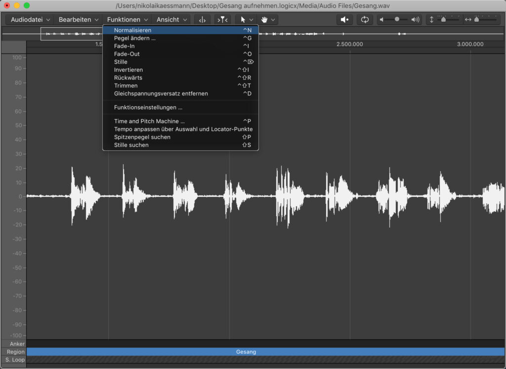 Das Normalizing ist ein destruktiver Prozess und geschieht im Audiofileeditor.