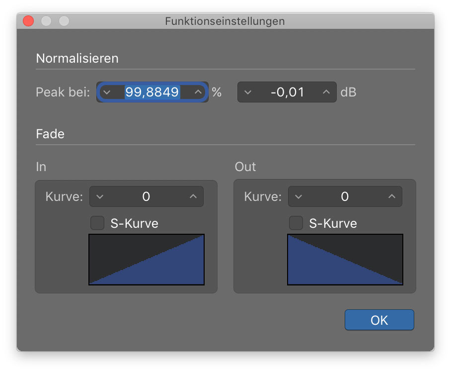 Wie nah das Normalizing an die 0-dB-Grenze rangehen soll, kannst du in den Funktionseinstellungen festlegen.