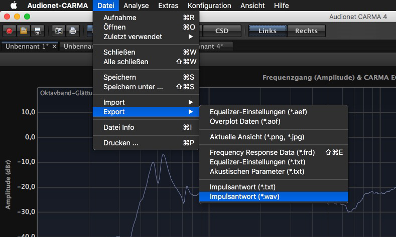 Die Impulsantworten des analysierten Raumes lassen sich als WAV-Datei exportieren.