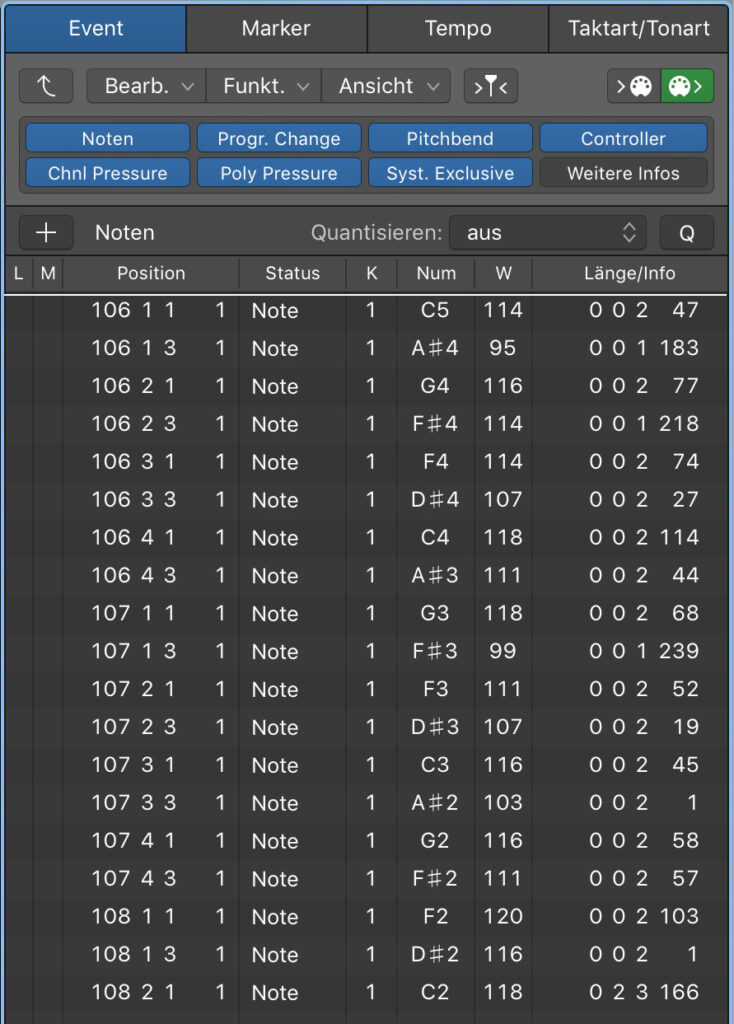 Mit dem Listeneditor lassen sich extrem präzise Eingaben machen. Über die blauen Felder (Noten, Progr. Change etc.) kann man wählen, was angezeigt werden soll.