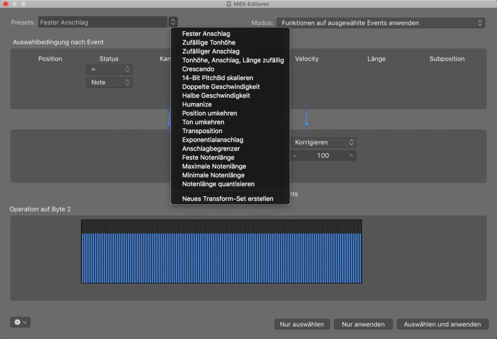 Das MIDI-Transformer-Fenster mit der Auswahl an Transformationen