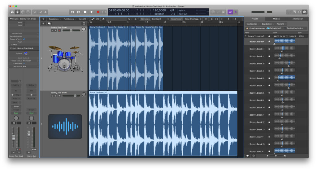 Zerschnitte Fassung und Originalloop darunter. Da ich auch im Arrangement Regionen zerschnitten habe, sind viele kleine Regionen entstanden, die man im Übersichten-Bereich rechts sieht.