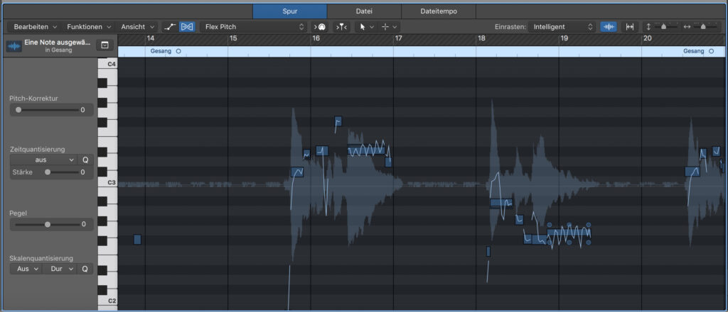 Tonhöhenkorrektur ein bisschen wie Autotune. Sehr schön ist hier das Vibrato einer Gesangsstimme am Ende der Samples zu erkennen, das wir natürlich nicht bearbeiten.