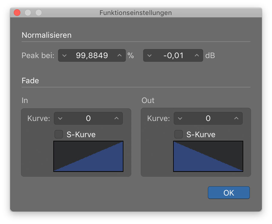 Funktionseinstellungen: Hier stellst du Normalizing- und Fade-Werte ein.