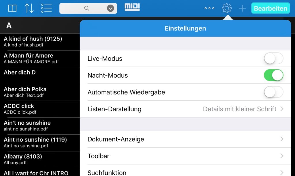 Globale Einstellungen in der SongBook+ App. (Screenshot: Jürgen Sartorius)