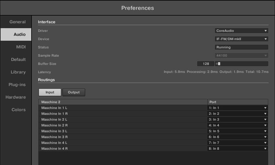 Die Audio-Settings in Maschine sollten an euer Setup angepasst werden.