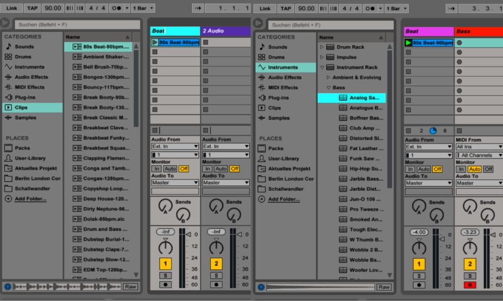 Die aufgeräumte Benutzeroberfläche sorgt dafür, dass ihr euch auch ohne große Vorkenntnisse ganz intuitiv in Ableton-Live zurechtfindet und so z. B. aus einem Pool an Rhythmusclips was Passendes auswählen könnt.