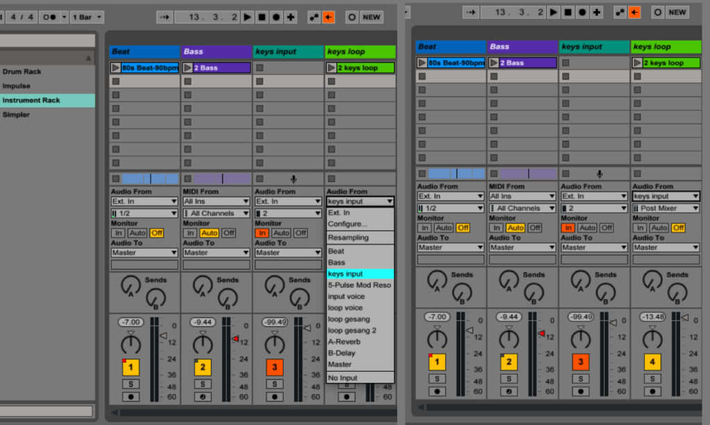 Vorm Aufnehmen und Loopen in Ableton-Live müsst ihr sowohl die Signalquelle als auch das Signalziel einer Spur konfigurieren. Dazu gibt es in jeder Spur Drop-Down-Menüs für die Wahl von Ein- und Ausgang.