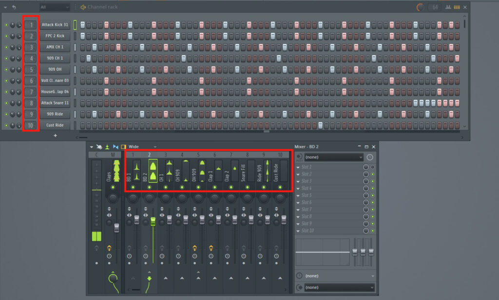 Jeder Channel Rack Slot sollte idealerweise an einen eigenen Mixerkanal geleitet werden, welcher entsprechend benannt wird.