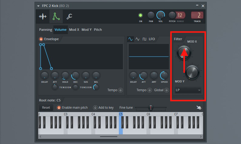 Mit dem Low-Pass-Filter entziehen wir der Bassdrum die hohen Frequenzen.