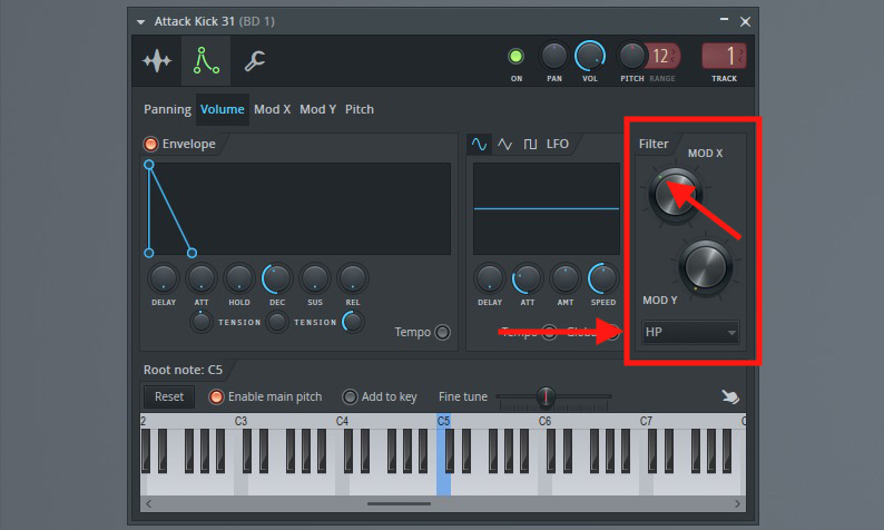 Im zweiten Sample werden die tiefen Frequenzen mit dem High-Pass-Filter herausgesiebt.