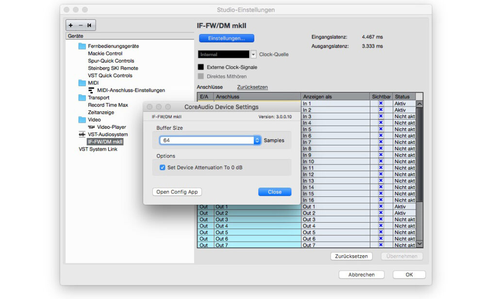 In den Einstellungen des VST-Audiosystems lässt sich der Audiobuffer justieren. Ein kleiner Buffer sorgt für kurze Latenzen bei der Aufnahme.