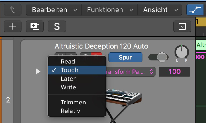 Im Touch-Modus springt der Parameter wieder auf die Ausgangsposition zurück, sobald man loslässt. Im Latch-Modus bleibt er auf der letzten Position stehen.