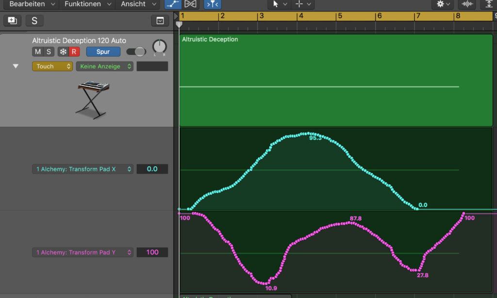 Da die Performance-Pads auf zwei Ebenen, quasi der X-Achse und der Y-Achse, funktionieren, zeichnet Logic zwei Automationswerte gleichzeitig auf.