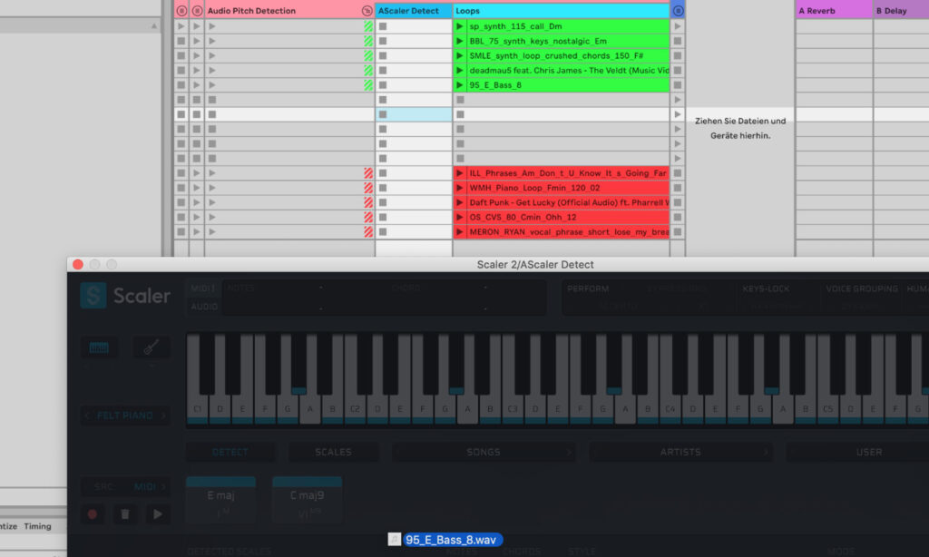 Unten wird eine wav-Datei einfach aus dem Finder/Explorer auf Scaler gezogen. Oben die Resultate verschiedener Aufnahmen, von kurzen Melodie-Loops hin zu längeren Clips bekannter Lieder. Bei den grünen Clips wurde die Tonart richtig erkannt, bei den roten falsch oder gar nicht.