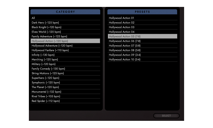 Der Presetbrowser des Opus Orchestrators