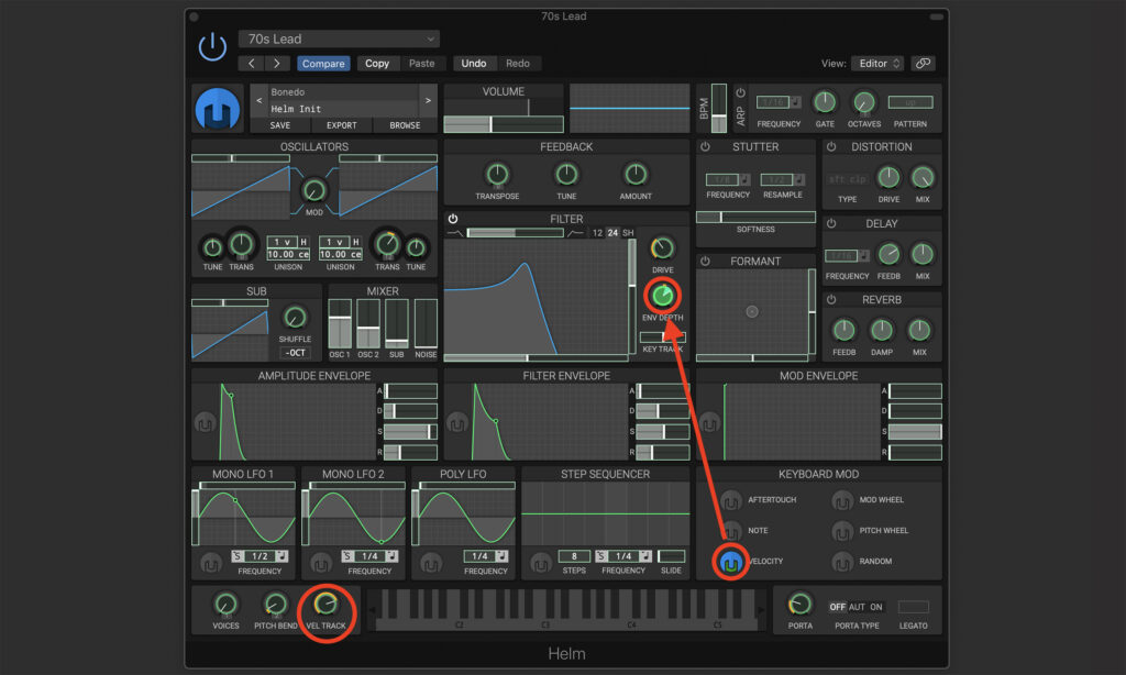 Synthesizer Leadsounds: Velocity-Steuerung von Lautstärke und Intensität der Filterhüllkurve