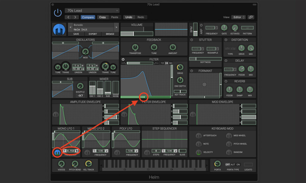 Synthesizer Leadsounds: Filtermodulation durch LFO1