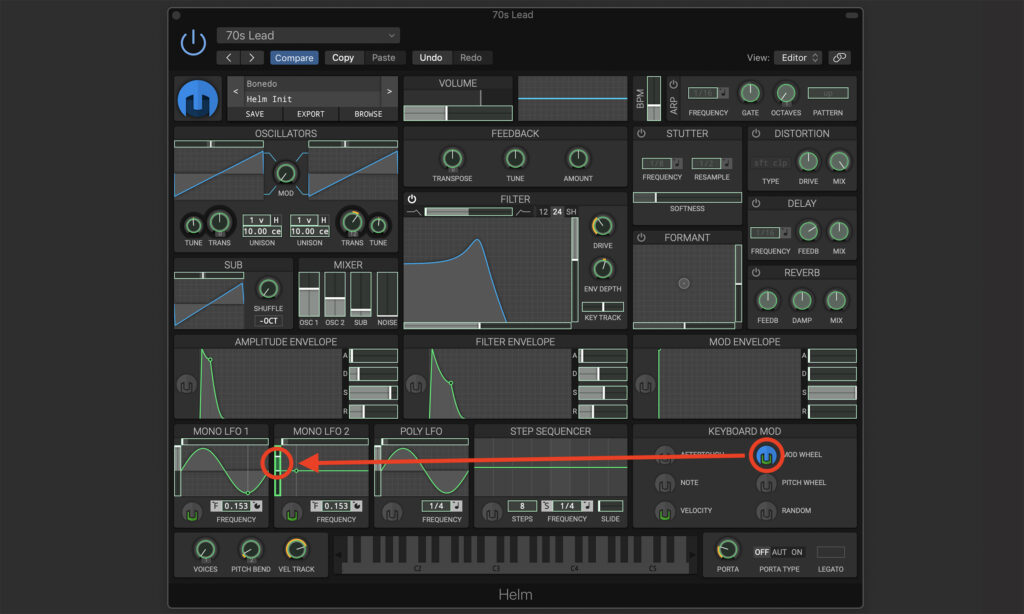 Synthesizer Leadsounds: Modulationsrad steuert LFO2 Depth