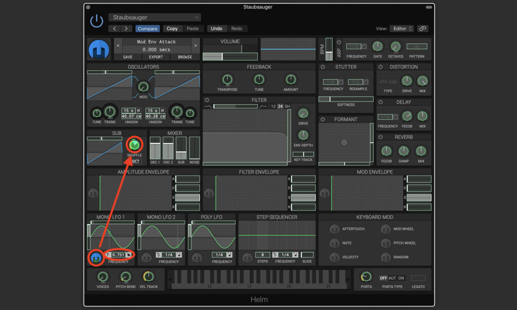 Modulation des Suboszillators durch LFO1