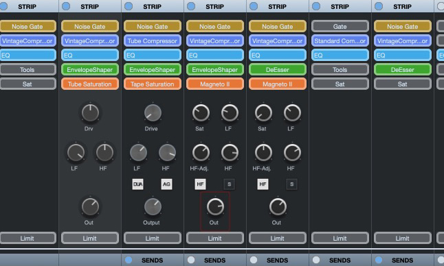 Die Strips bereichern jeden Kanal mit Nachbildungen analoger Mischpulte, Band- und Röhrensättigung sowie Deeser und Envelope-Shaper.