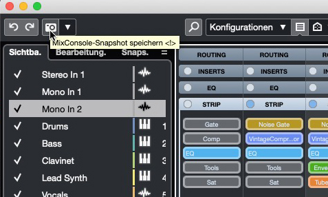 Um Mixer-Snapshots anzulegen, klickt ihr ganz einfach auf das Kamerasymbol in der oberen linken Ecke der MixConsole.