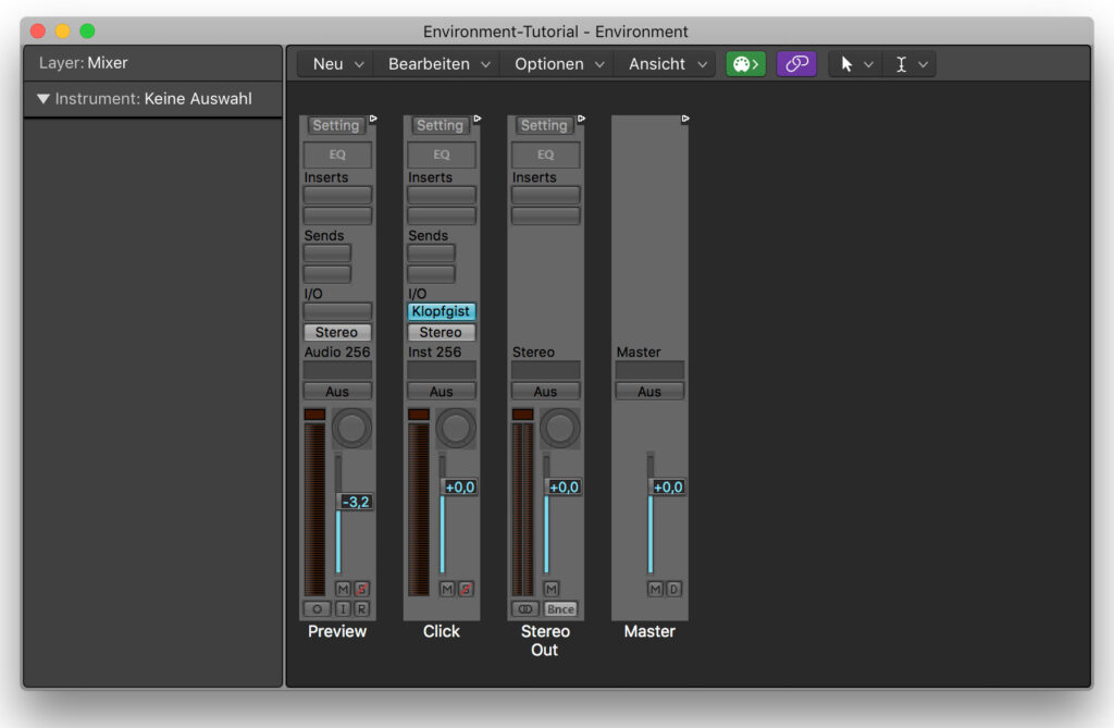 Der Mixer im Environment – das Design der Channel-Strips stammt hier noch aus Logic-Urzeiten.