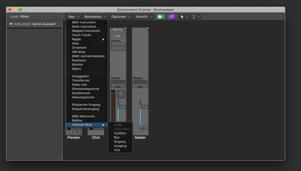 Die Channel-Strips kann man auch über den Mixer innerhalb der Logic-Hauptansicht erzeugen.