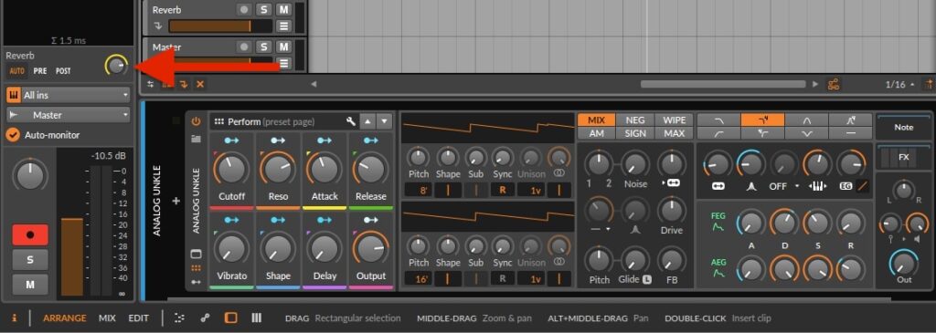 Für diese Ansicht muss die Instrument-Spur im Arrange-View des Polysynth angewählt sein.