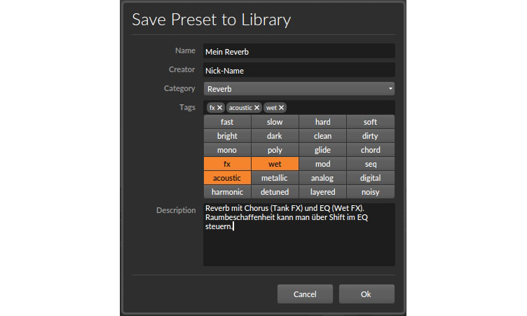 Den Save-Preset-Dialog öffnet man mit Rechtsklick (oder Ctrl + Klick) auf den linken Rand der Device-Grafik. Dann in der Dialog-Box „Save Preset to Library“ auswählen.