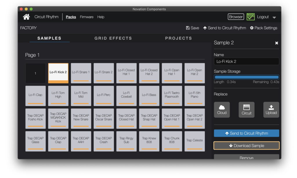 Novation Components zeigt sogar an, wieviel Sekunden Platz für Samples noch übrig sind.