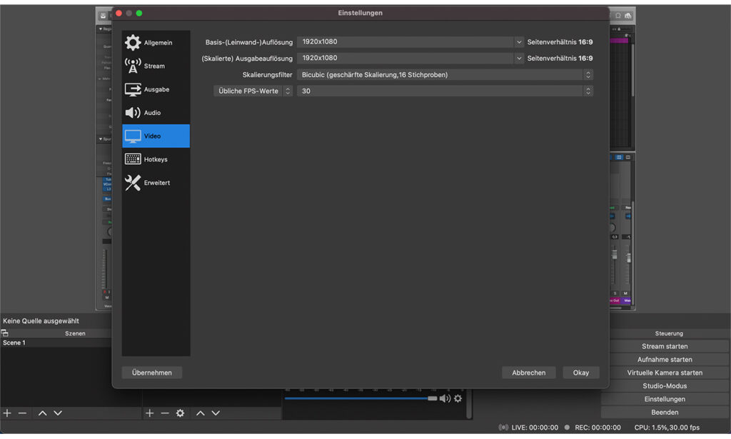 Unter dem Reiter Video stehen zwei wählbare Auflösungen bereit. Die eine ist die Auflösung des Monitors – in unserem Fall 1.920x1.080. Die zweite Auflösung bezieht sich auf die Ausgabe. OBS skaliert die Auflösung automatisch nach; unten sollten hier unterschiedliche Werte eingetragen werden.
