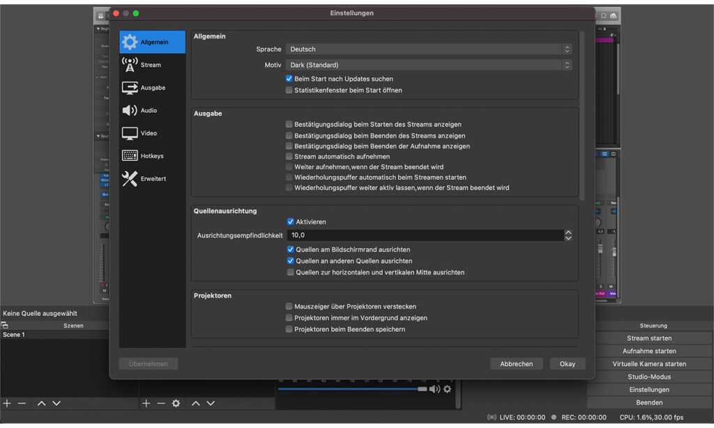 Die Einstellungen, die in OBS Studio getroffen werden können, sind umfangreich.
