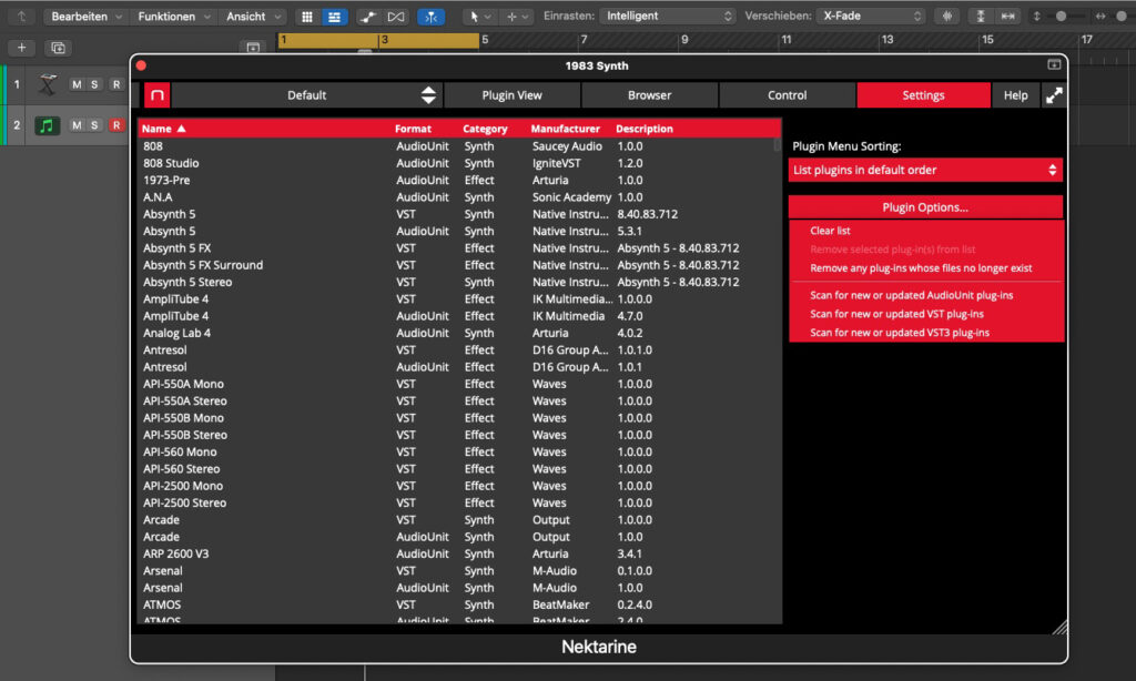 Zunächst durchsucht Nektarine den Computer nach installierten Instrument- und Effekt-Plugins.