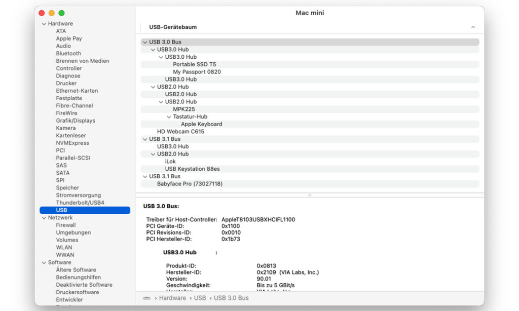 In der System-Info auf Macs werden die verschiedenen USB-Datenströme (Bus) angezeigt. Für das Audio-Interface sollte immer ein separater Anschluss und Bus zur Verfügung stehen.