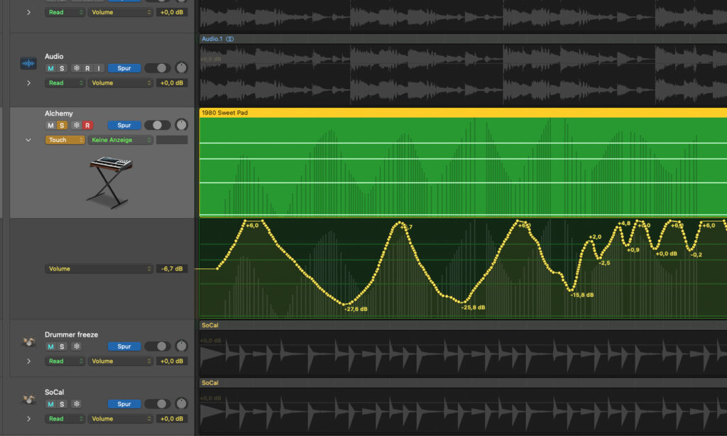 Oben MIDI-CC-Werte als dunkle Balken, unten Automation – die MIDI-CC-Werte führen noch ins Nichts, da der Poti noch nicht mit einem Parameter verbunden ist.