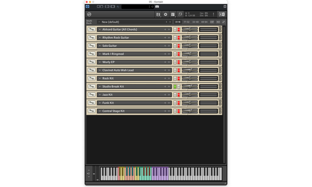 Nur die Drums sind hier in Kontakt zu hören. Der Solo-Button hat alle anderen Instrumente stummgeschaltet.