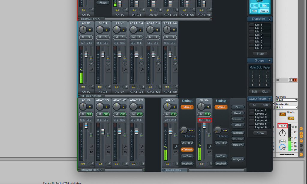 Hier sind die Kopfhörer in der Interface-Software 6 dB lauter als der Master in der DAW. Beim Exportieren bezieht die DAW diese zusätzliche Lautstärke nicht mit ein.