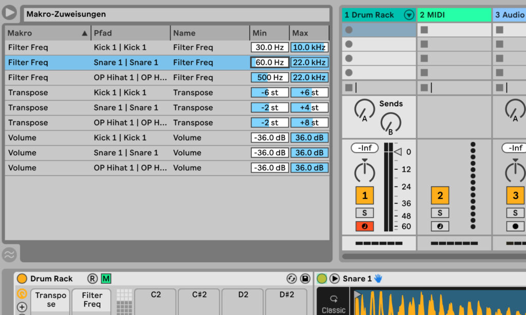 Steuerbereich der Makros im Drum Rack in Ableton Live