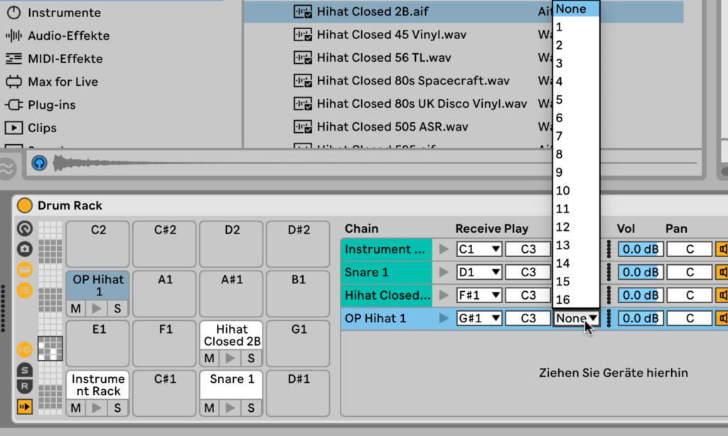 Choke-Groups im Drum Rack in Ableton Live.