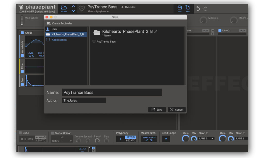 Preset abspeichern in Phase Plant von Kilohearts